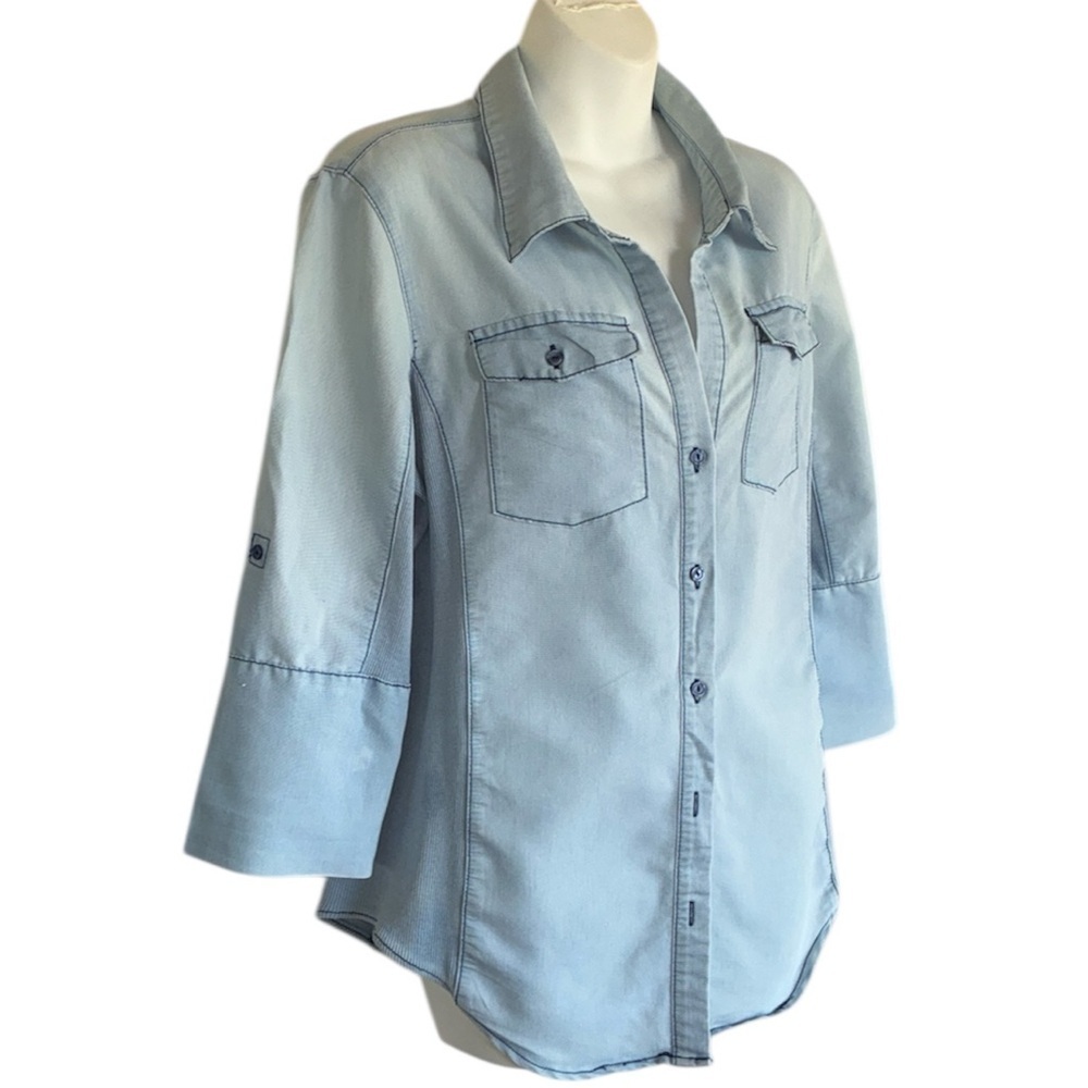 CAVALINI Light Blue Denim Buttondown shirt, roll-up sleeves knit side insets. XL
